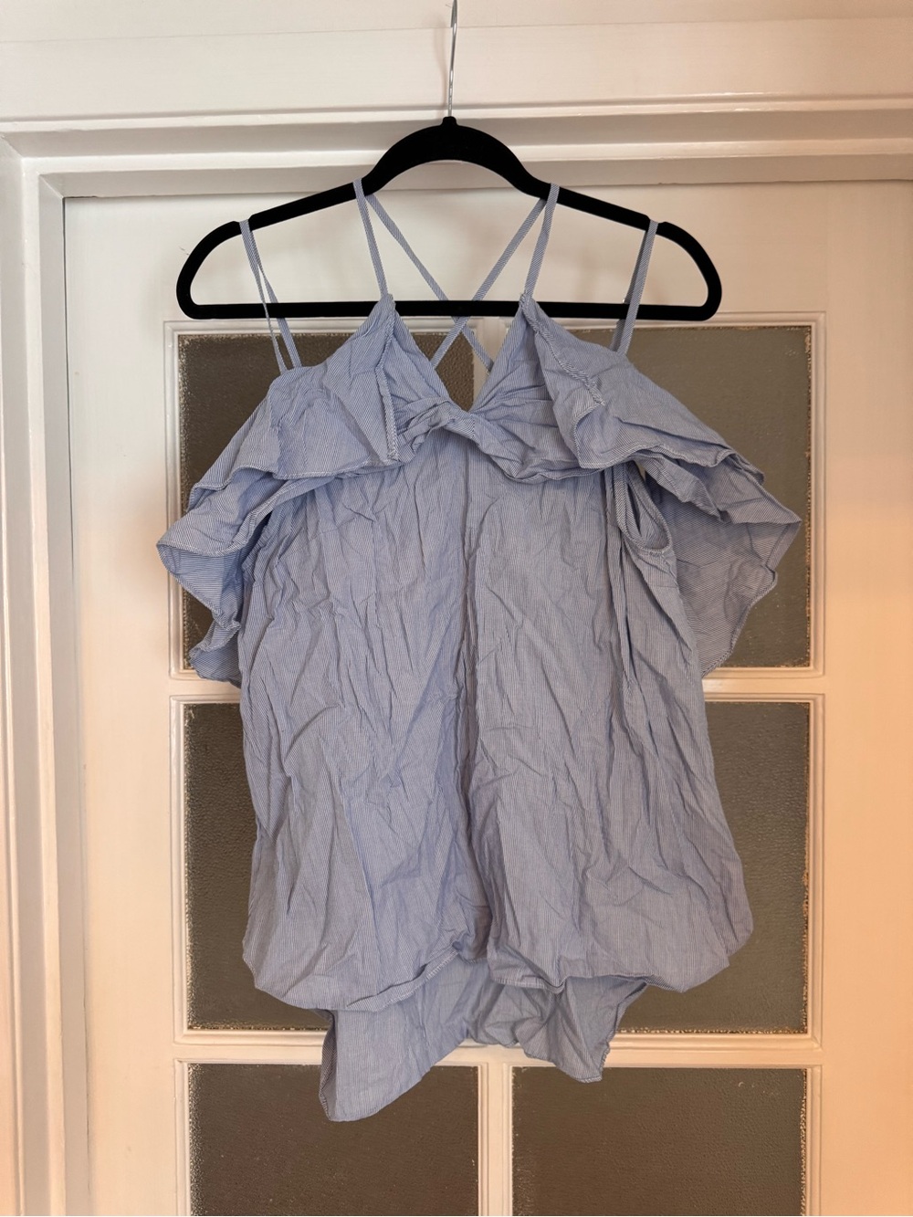 Light Blue Strappy Ruffle Cold-Shoulder Blouse
